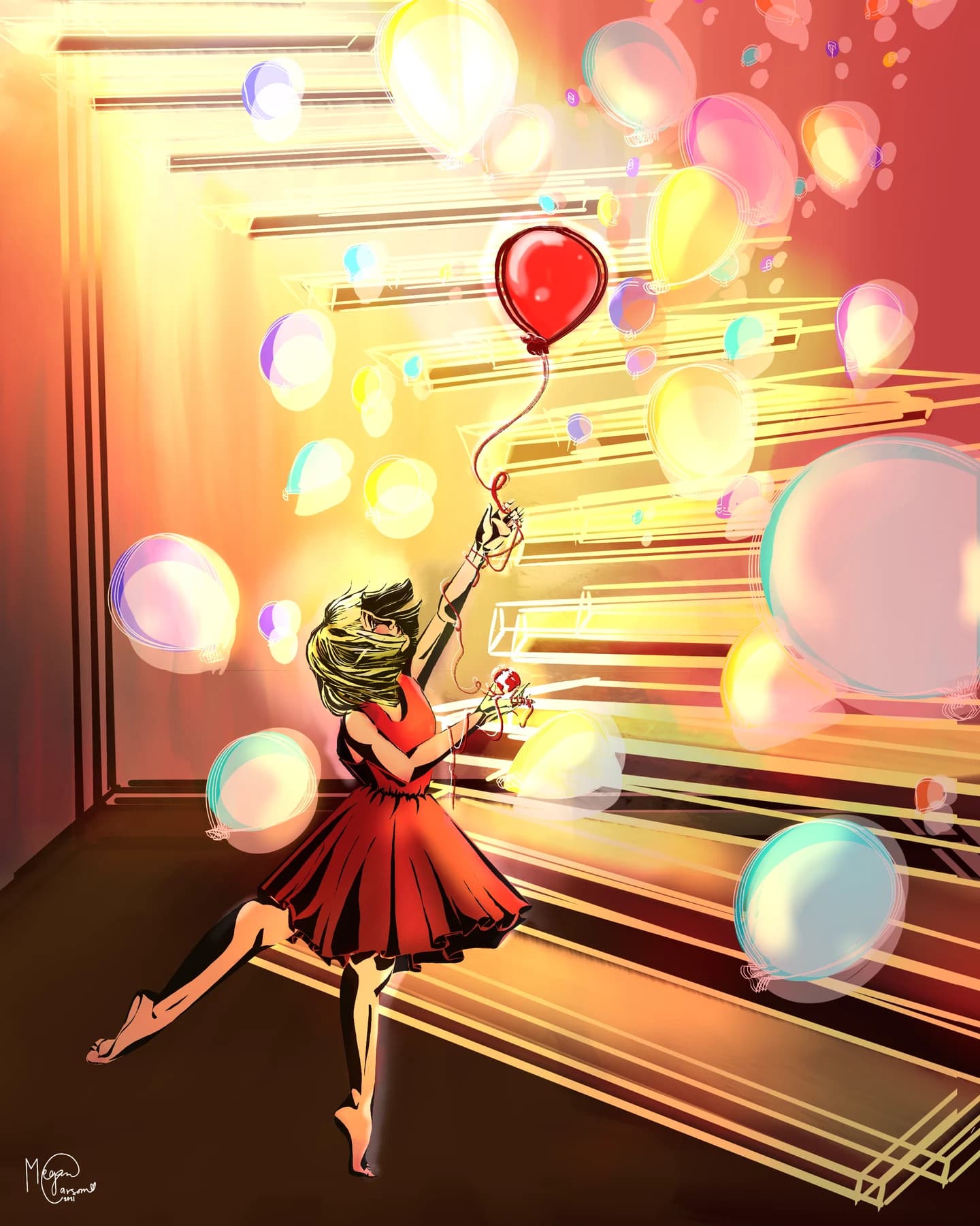 Digital illustration of a girl in a red dress surrounded by glowing balloons and golden architectural lines