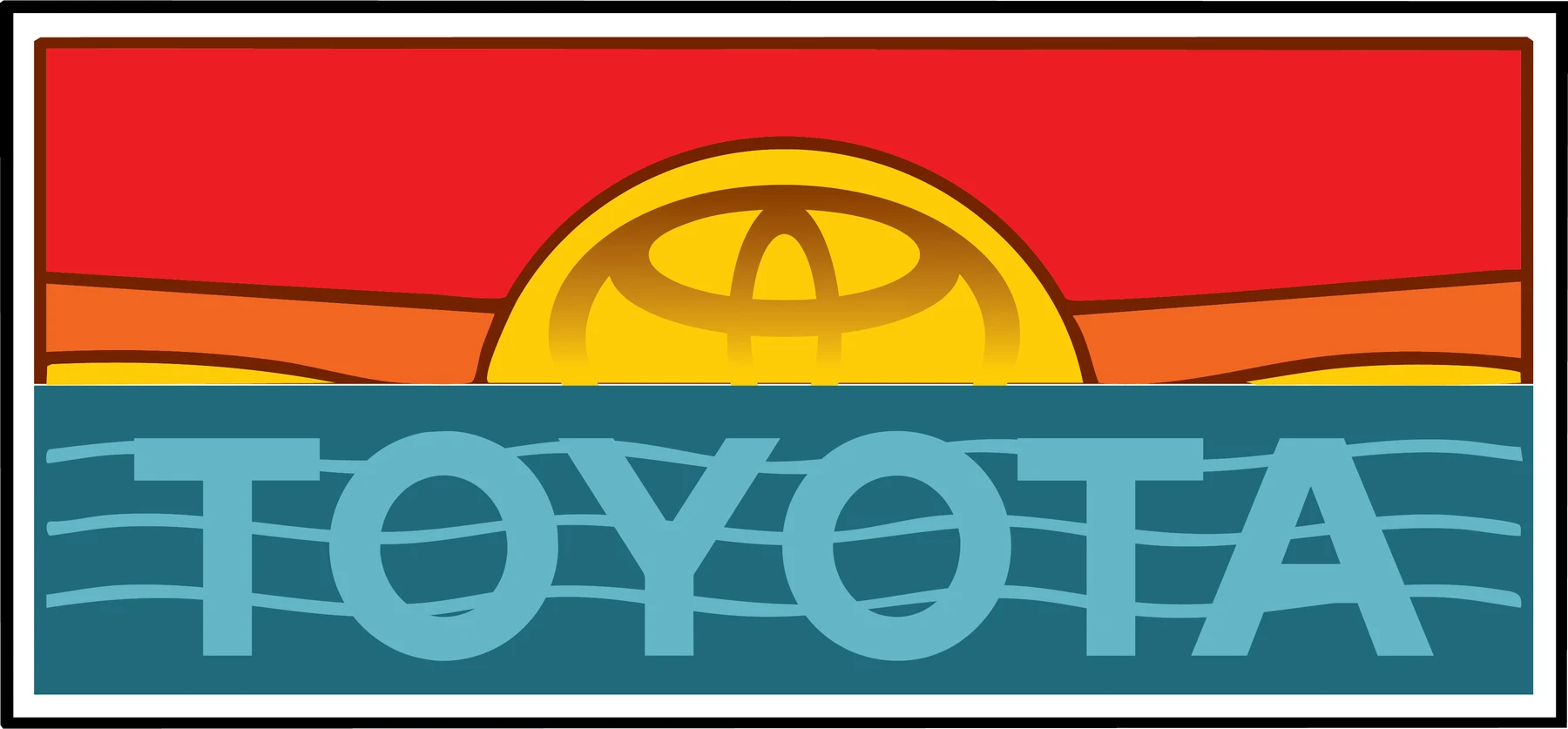 Toyota lettering over blue waves beneath a yellow sunset and red sky