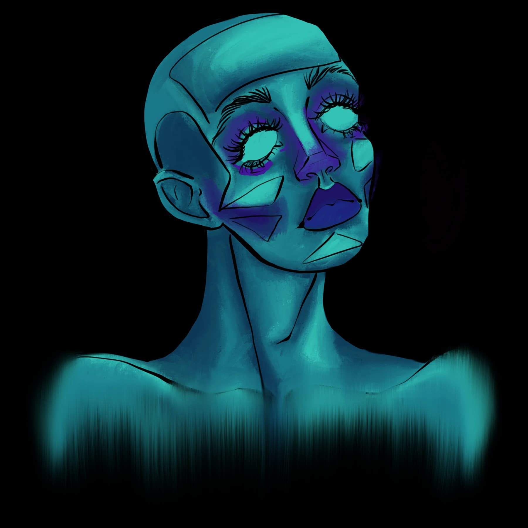 Blue and turquoise stylized portrait with purple shadows and angular facial features