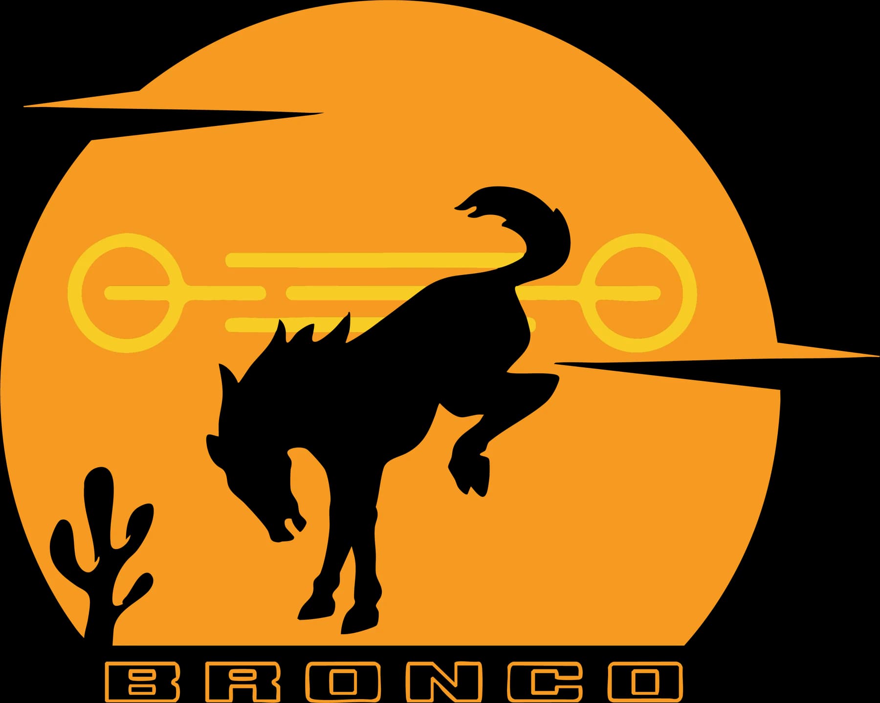 Orange Bronco silhouette jumping across a sun with a cactus and Bronco lettering