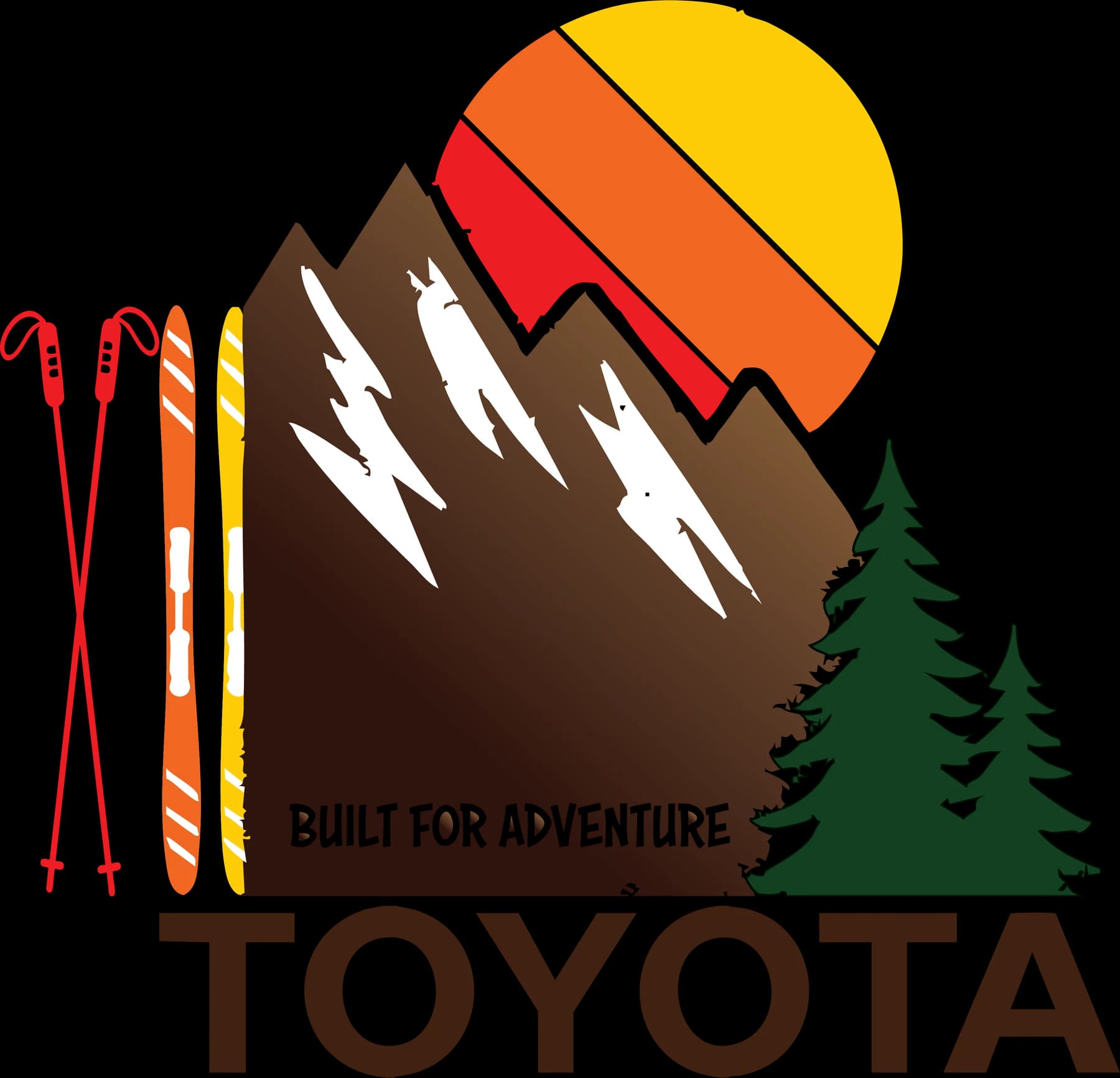 Mountain and pine tree illustration with skis, poles, a striped sun, and Built for Adventure lettering