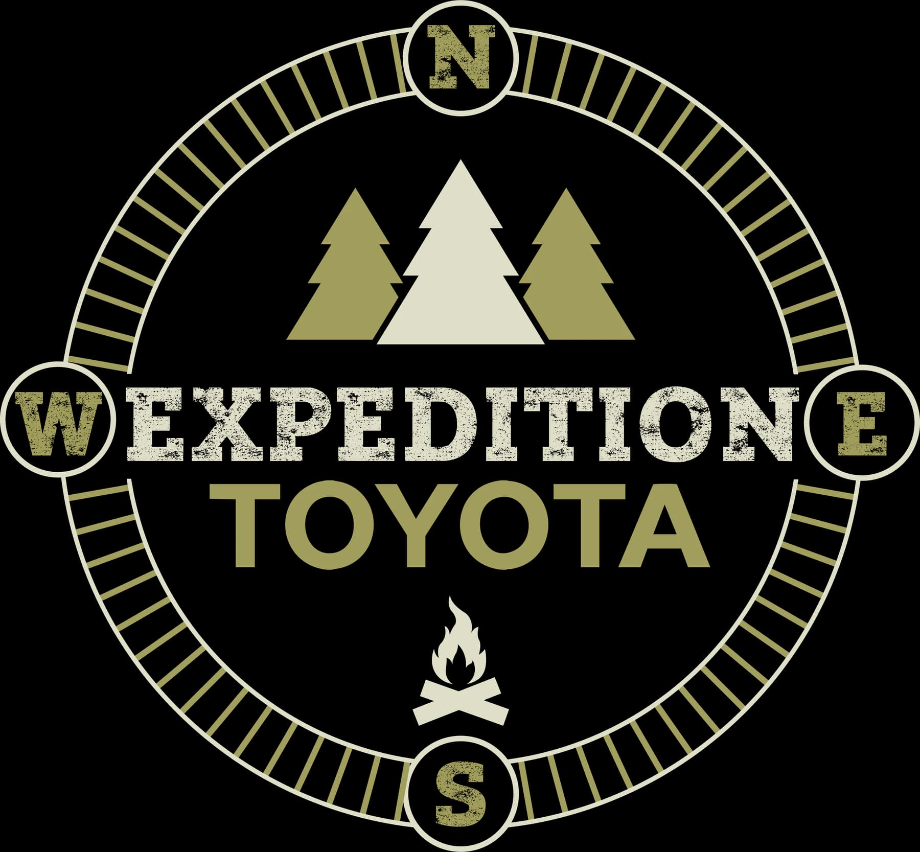 Cream and olive expedition compass badge with mountains, trees, and a campfire