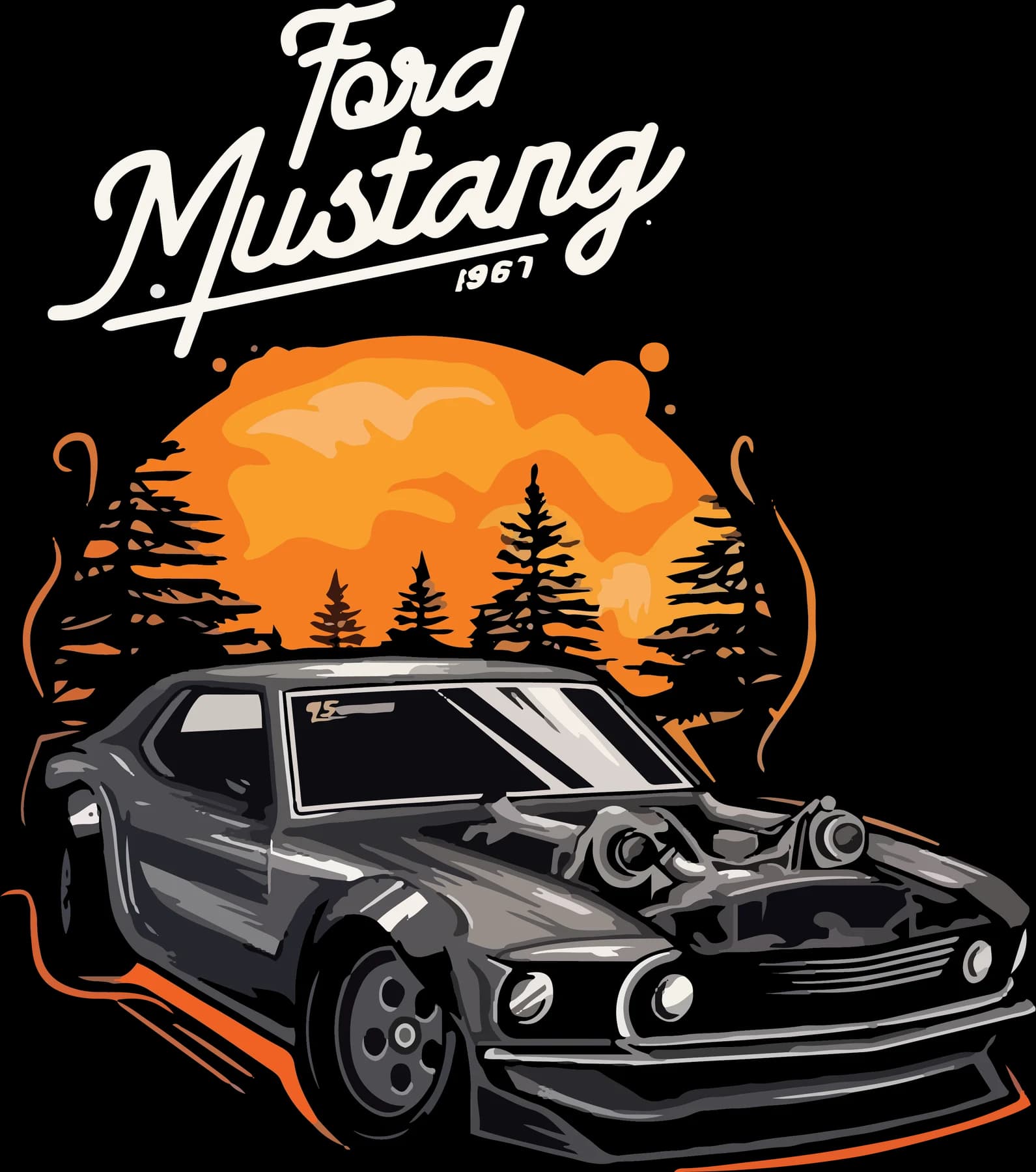 Black classic Ford Mustang against an orange forest sunset with white script lettering
