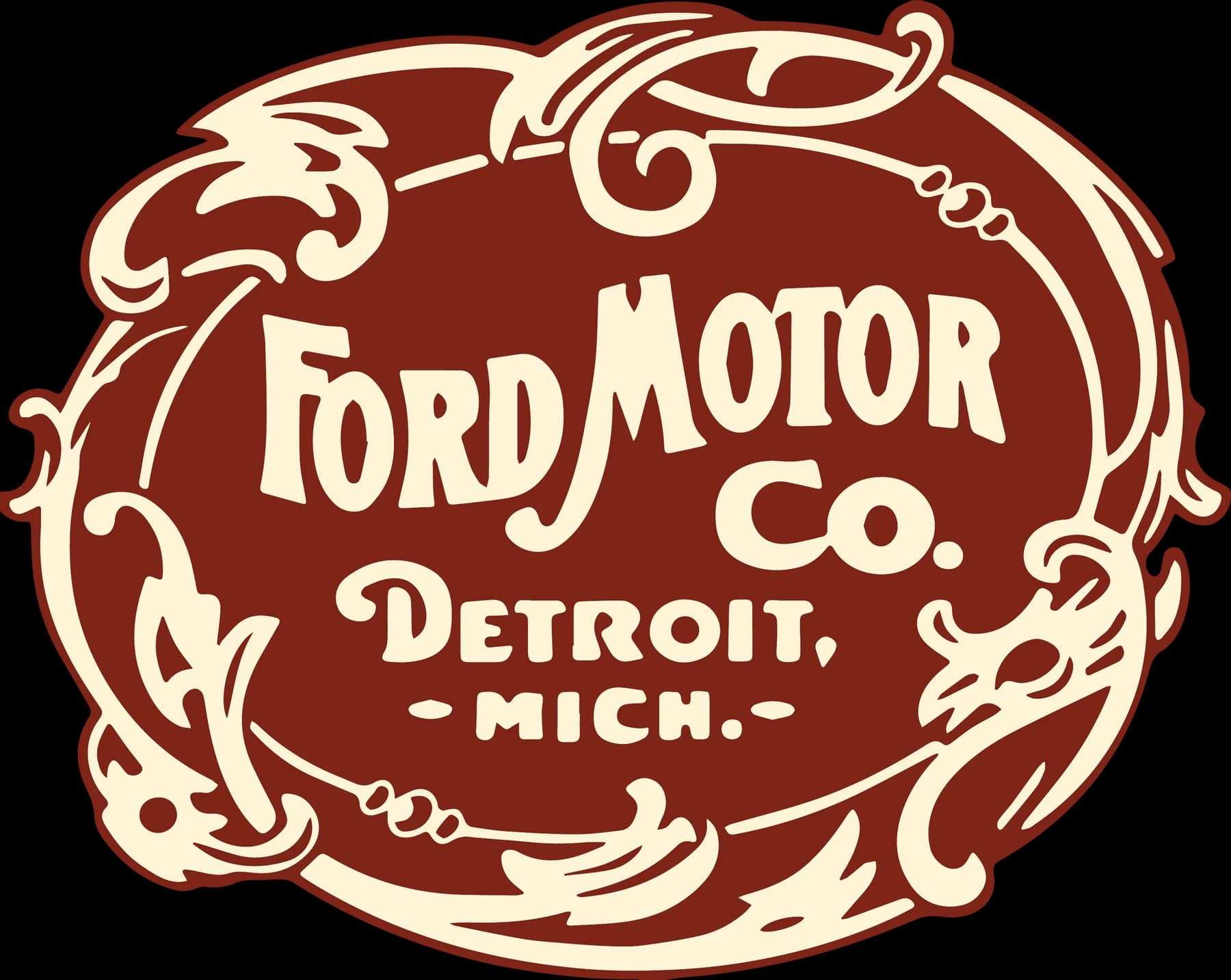 Cream ornamental oval framing Ford Motor Co. Detroit Mich. lettering on red