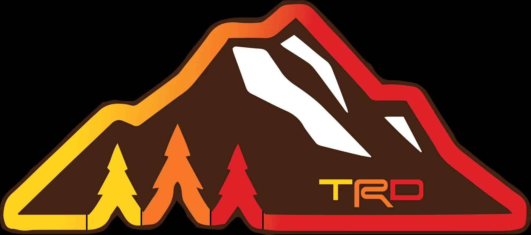 TRD mountain badge with white snow, orange trees, and a yellow-to-red border