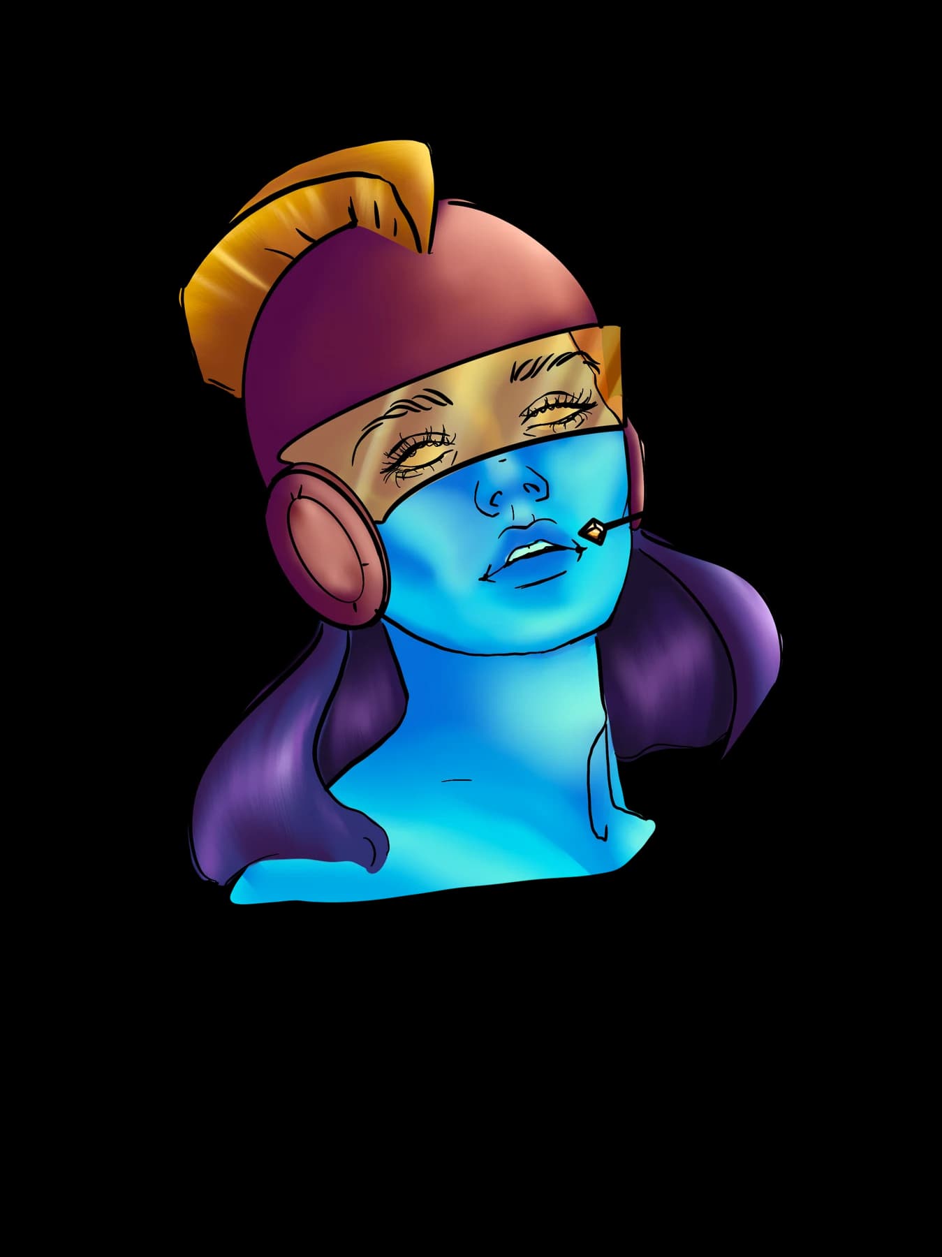 Stylized blue-skinned character with purple hair, a visor, and headphones