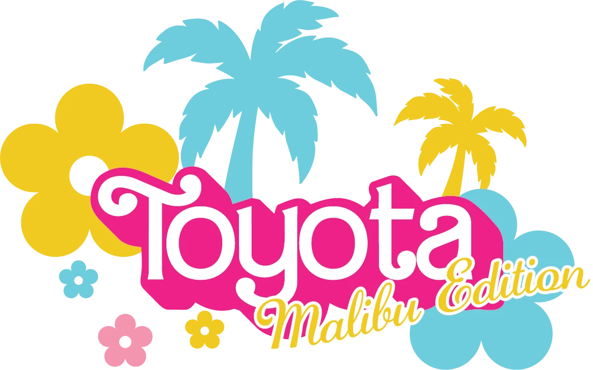 Pink and cream Toyota Malibu Edition lettering with blue and yellow palm trees