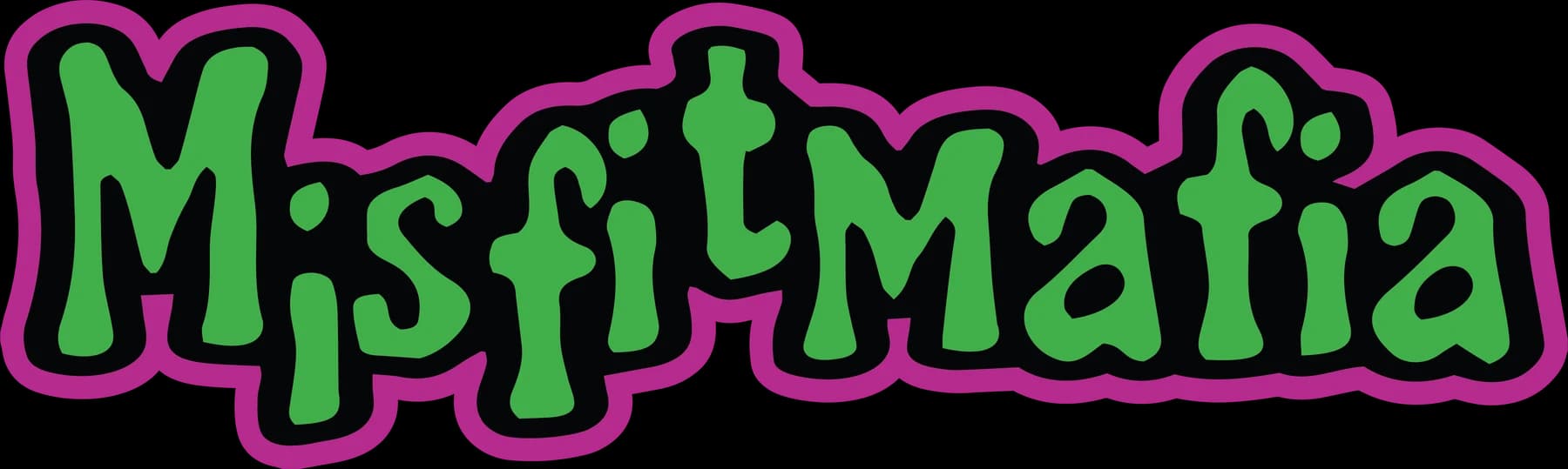 Green irregular Misfit Mafia wordmark with black and purple outlines