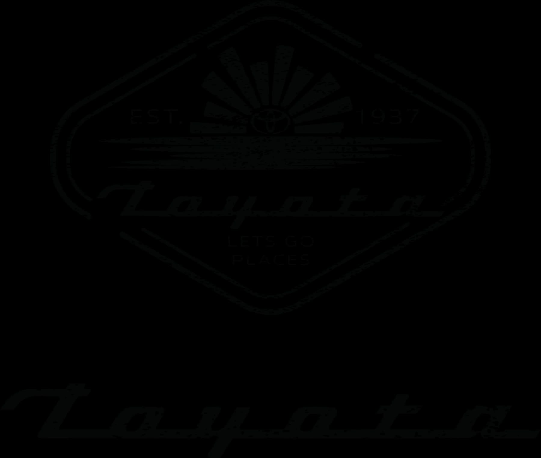 Distressed Toyota script and a sunrise in a diamond-shaped badge