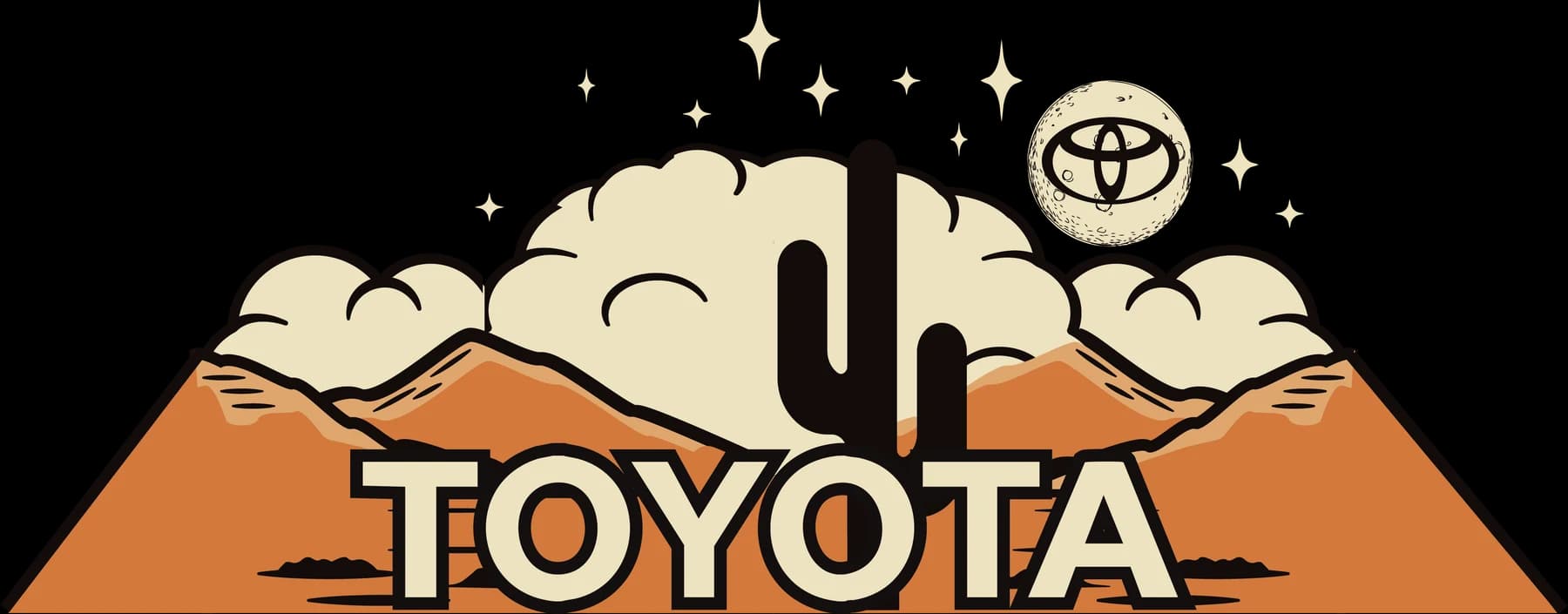 Cream clouds and stars over orange mountains and a black desert cactus with Toyota lettering
