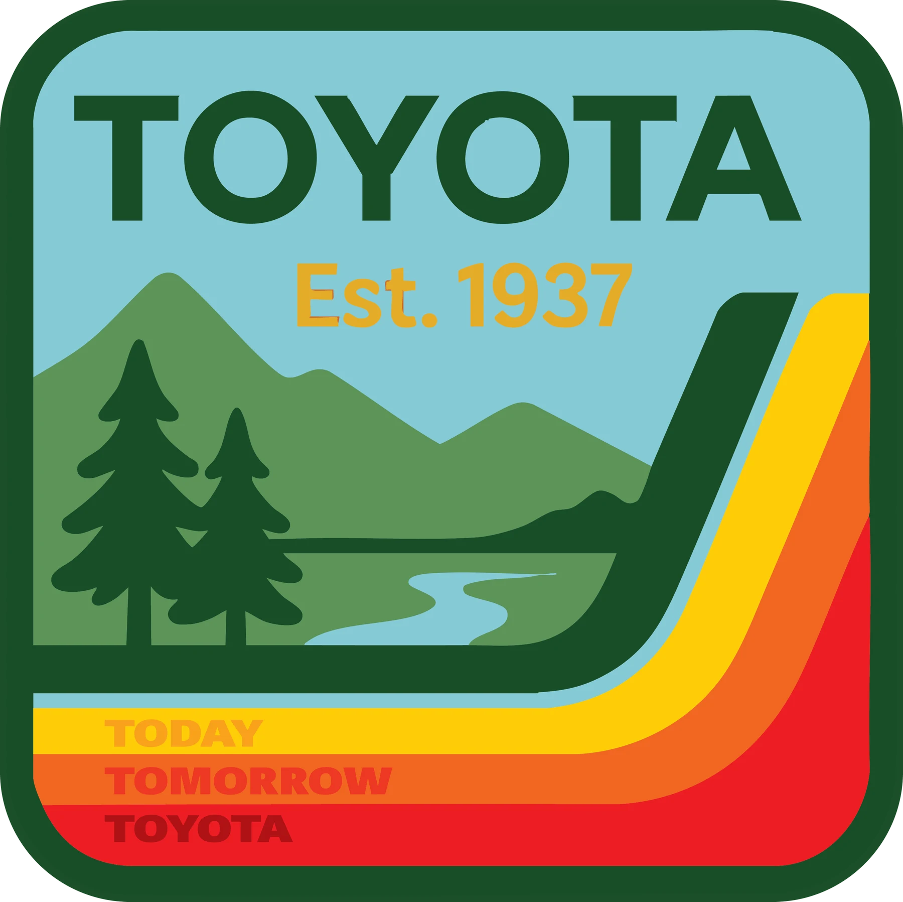 Green Toyota badge with a winding river, mountains, and yellow-to-red stripes