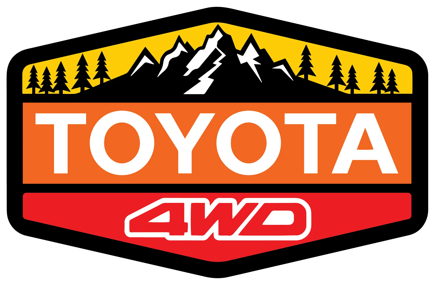 Orange, yellow, and red Toyota 4WD badge with mountains and a row of pine trees