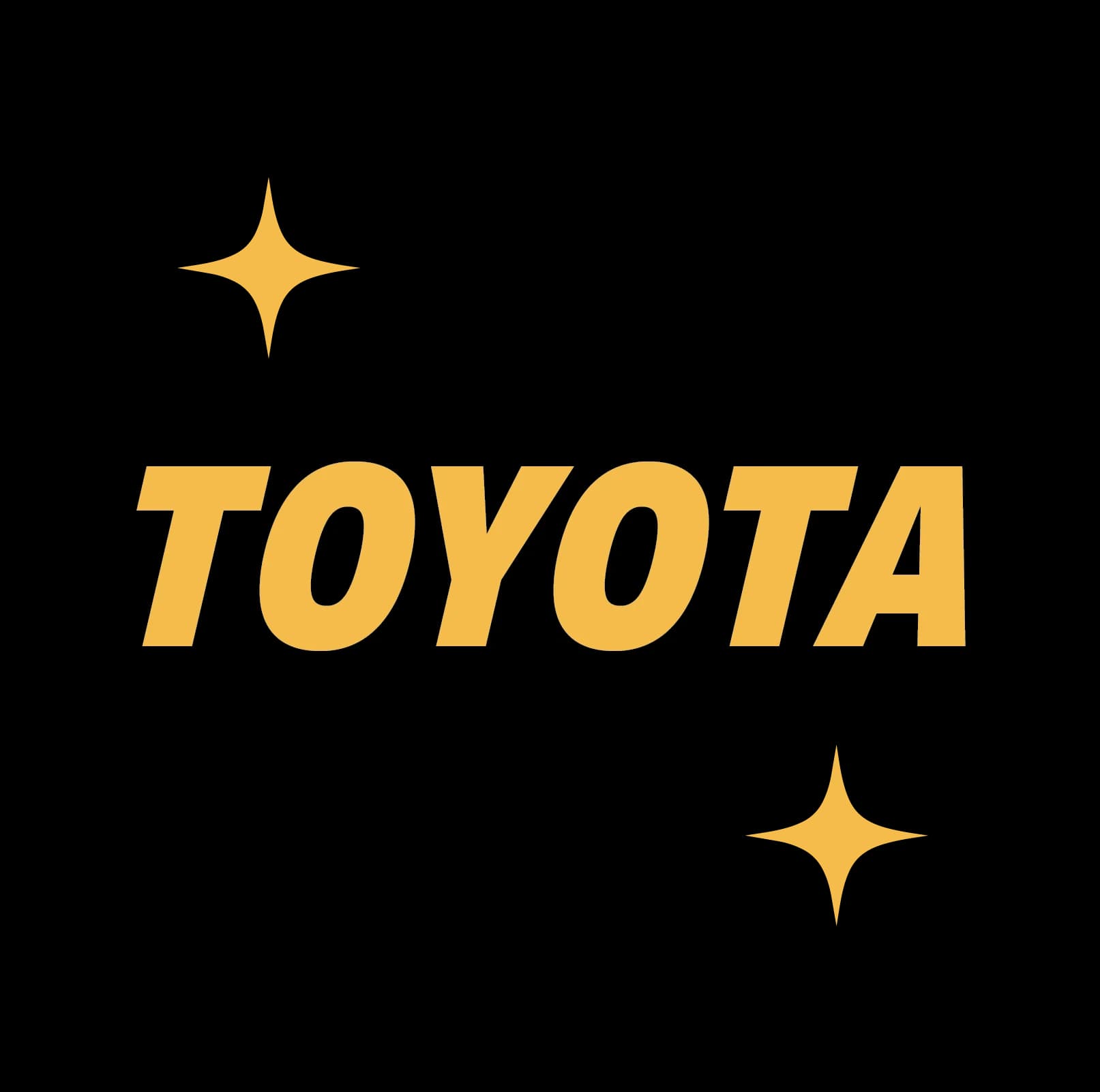 Yellow Toyota lettering across a black four-point star with small yellow sparkles