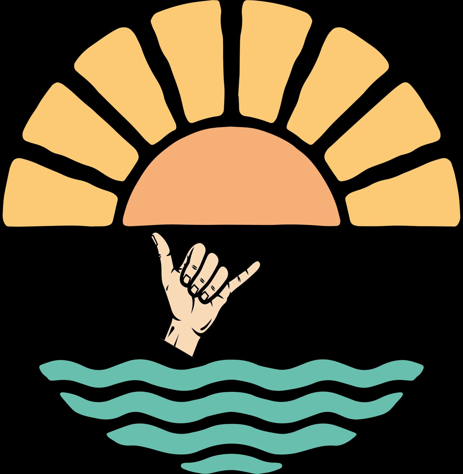 Toyota lettering with a shaka hand, a rising sun, and turquoise waves