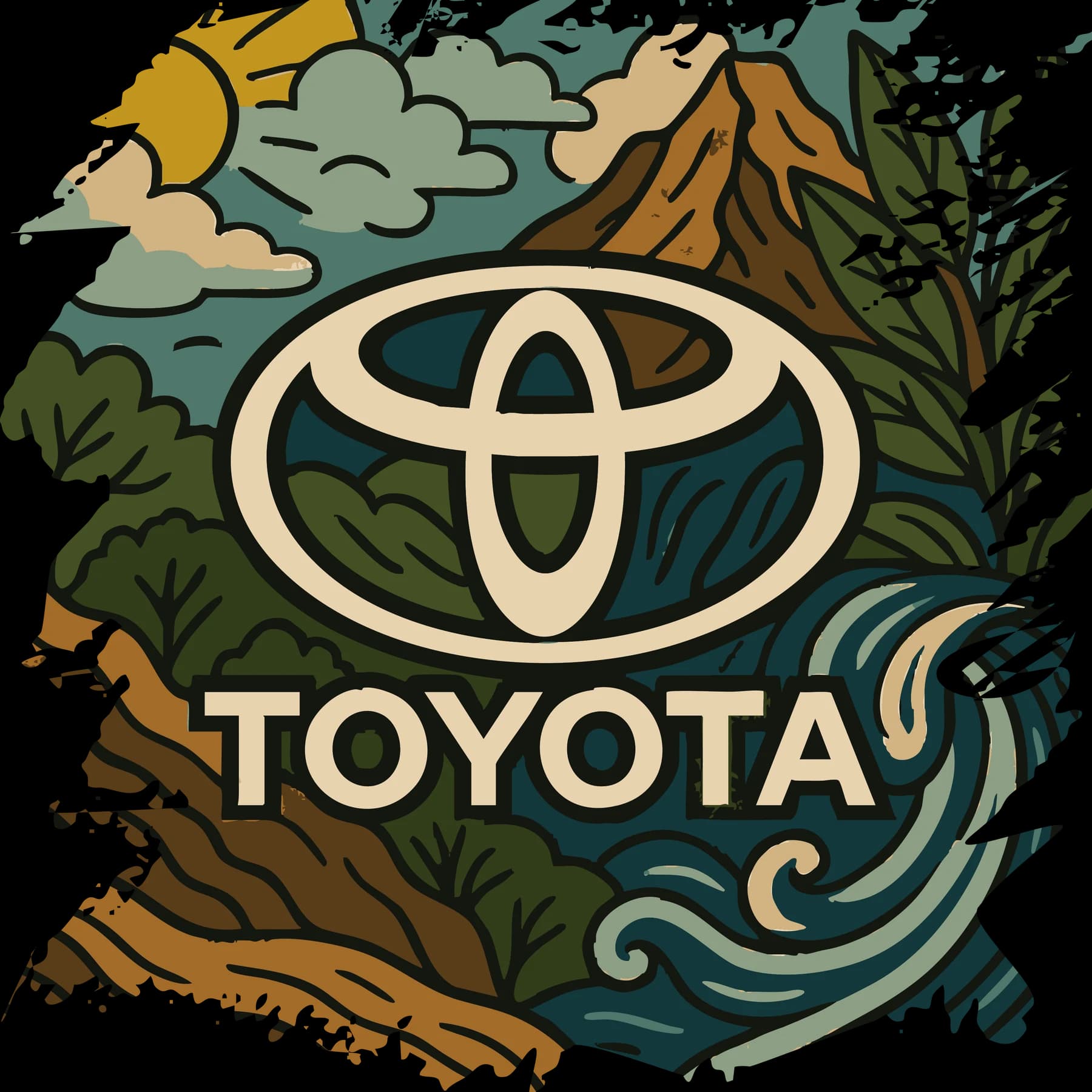 Toyota emblem surrounded by illustrated mountains, clouds, pine trees, and a curling river