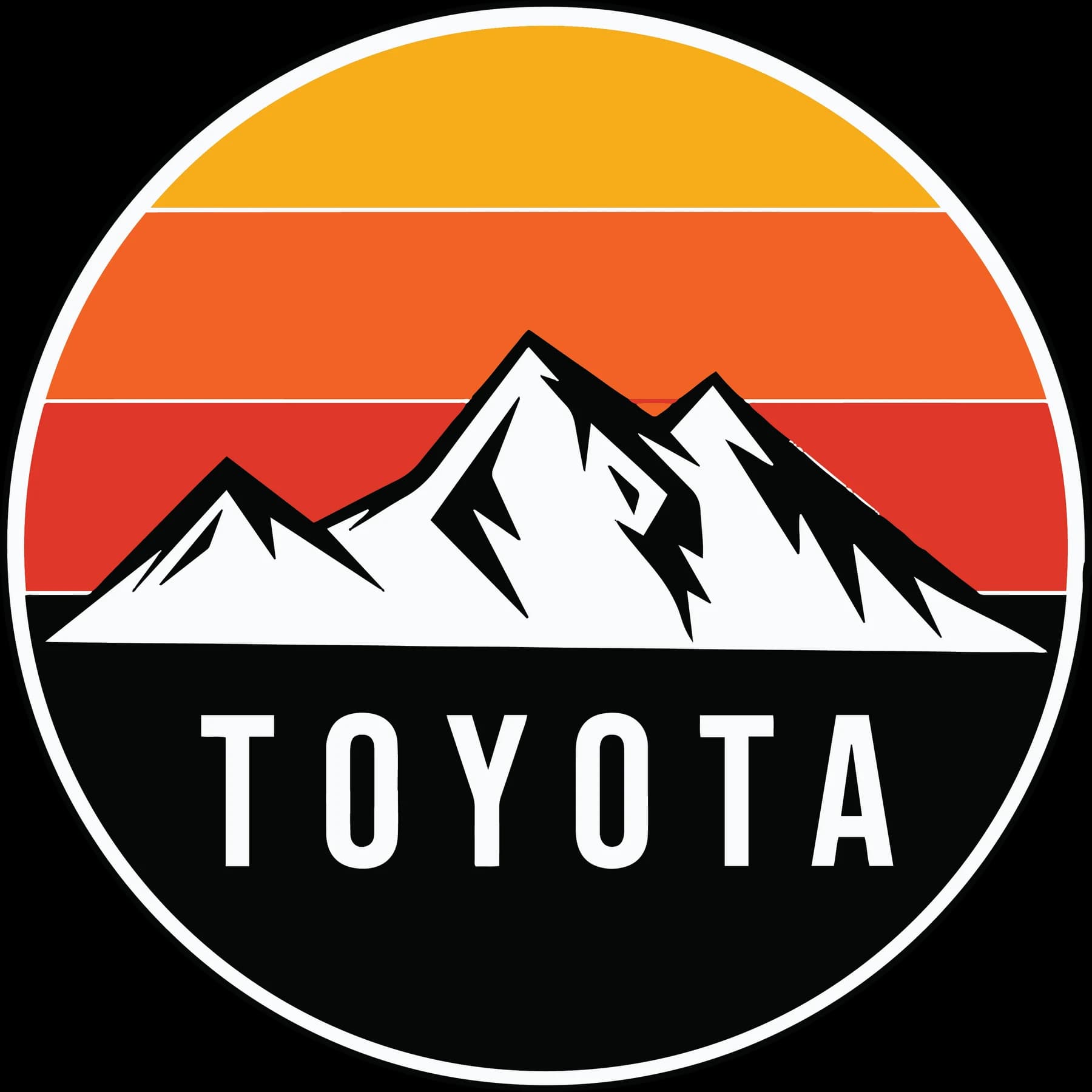 Round Toyota badge with a white mountain silhouette beneath orange and yellow sunset bands