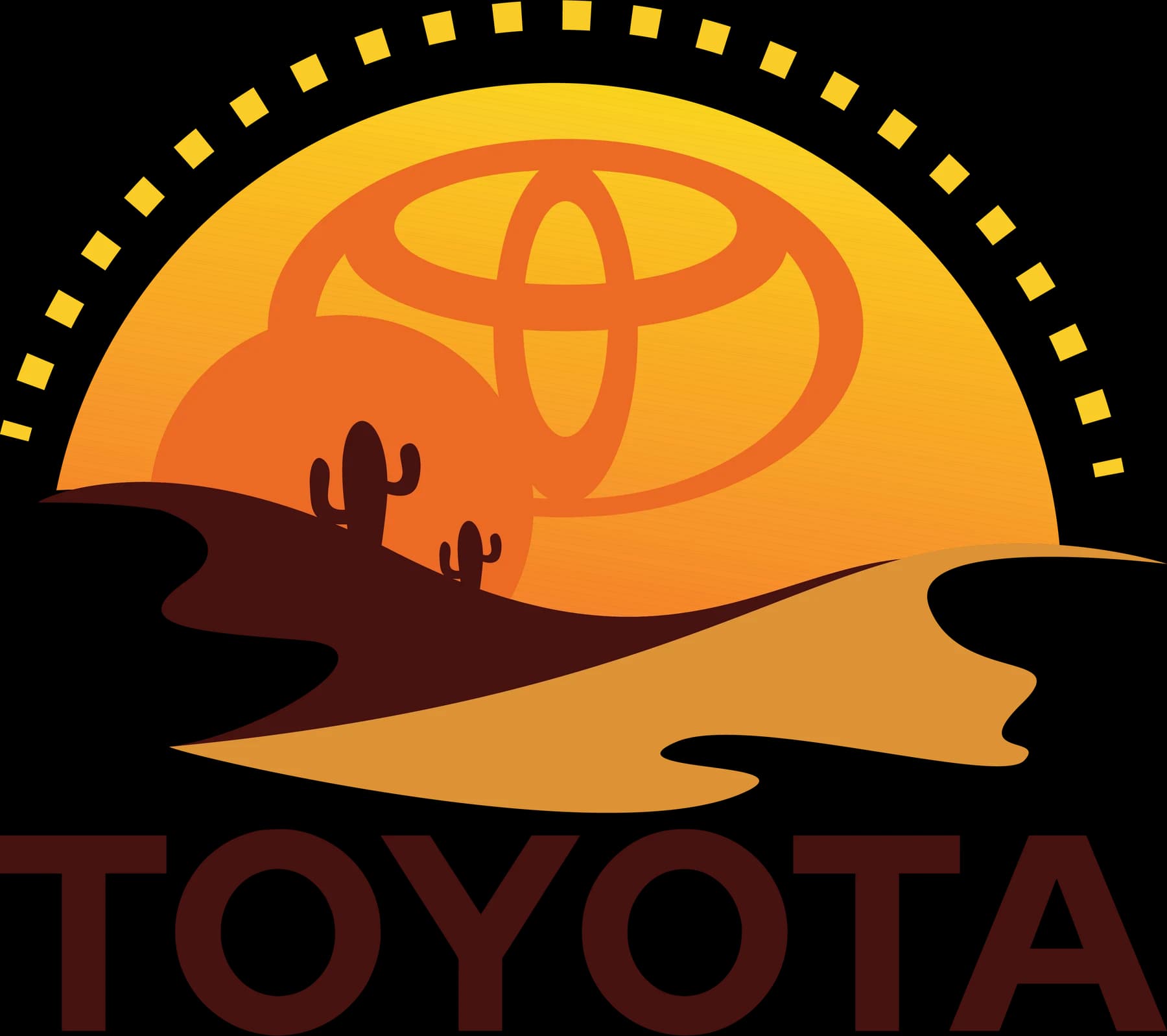 Toyota emblem in a yellow sun above red desert dunes and large Toyota lettering
