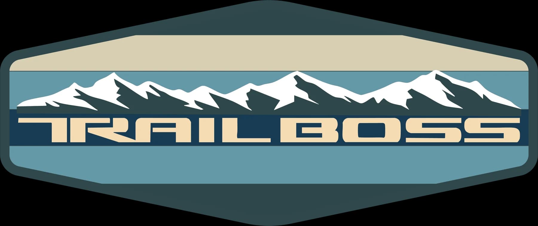 Blue and cream Trail Boss badge with snowy mountain peaks