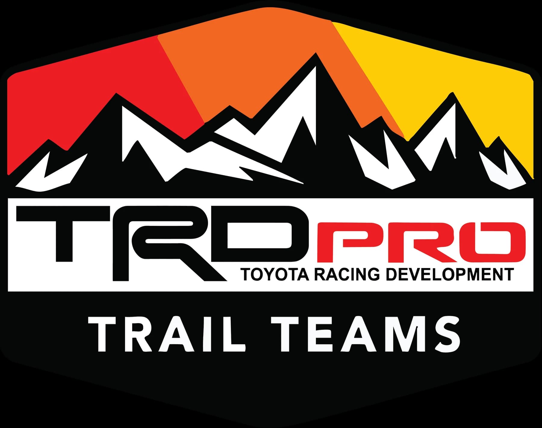 TRD Pro Trail Teams badge with black-and-white mountains and red, orange, and yellow stripes