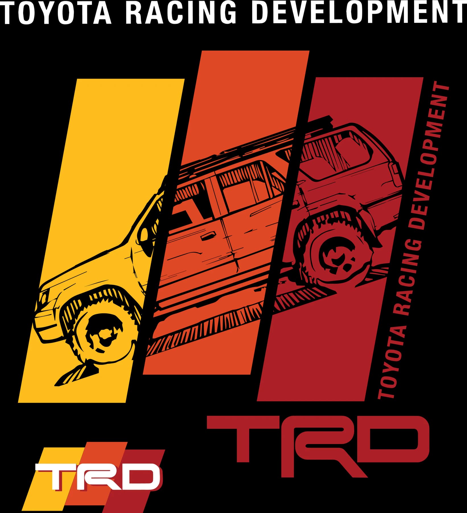 White off-road vehicle illustration over yellow, orange, and red vertical stripes