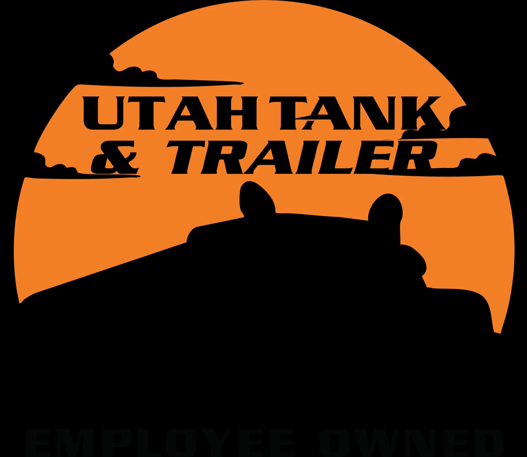 Black tanker truck in front of an orange sunset with Utah Tank and Trailer lettering