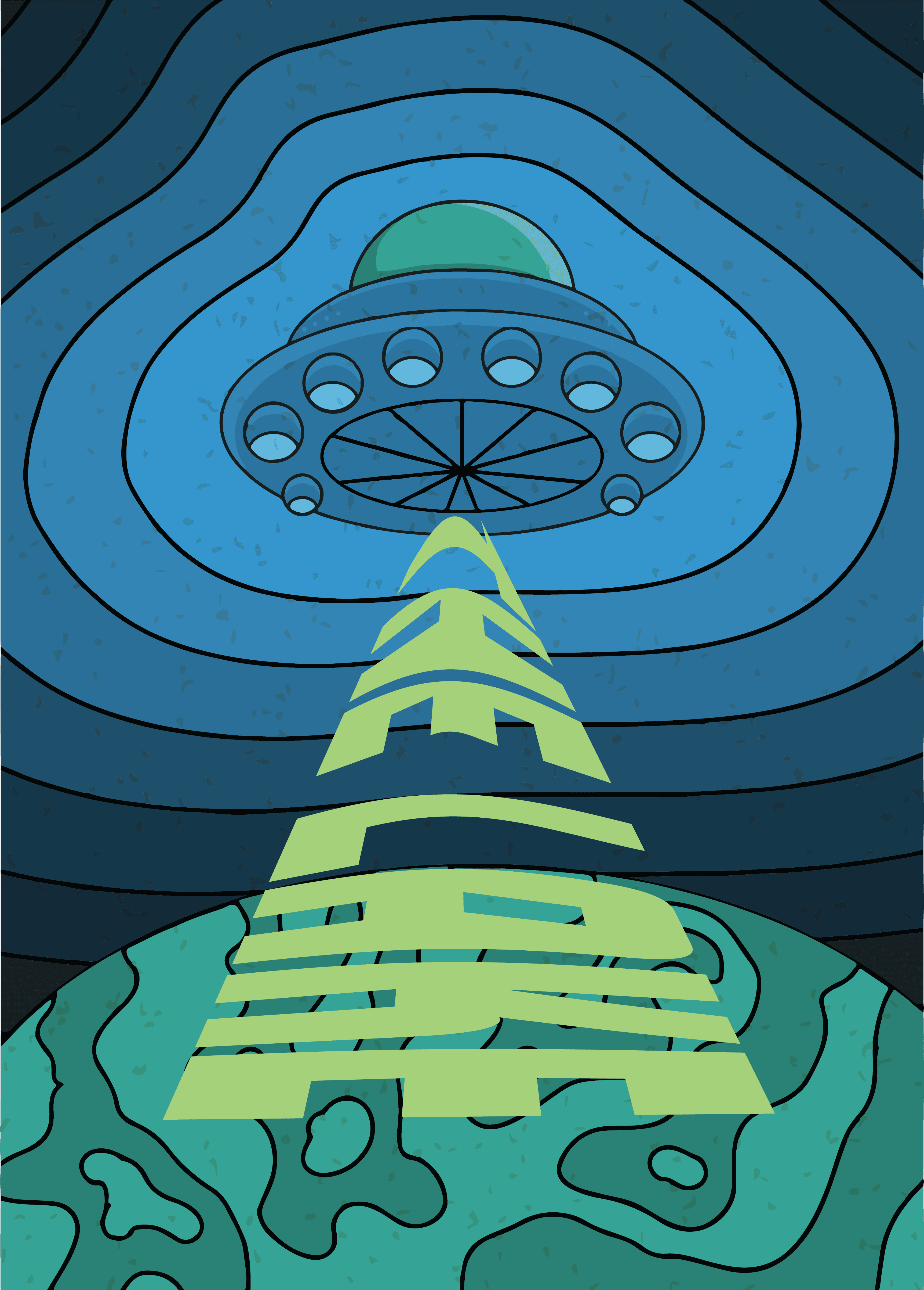 UFO casting a green beam made from The Lake lettering