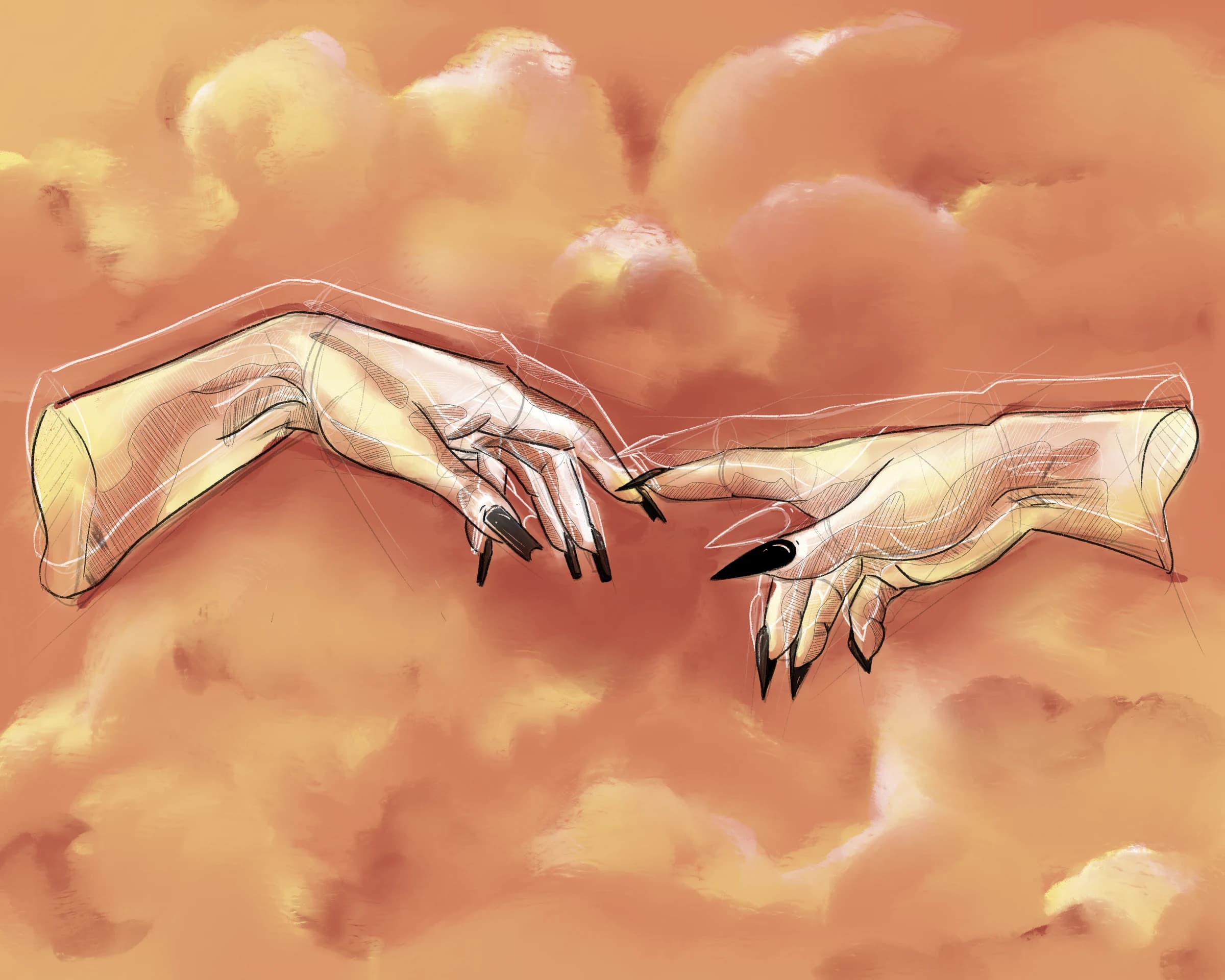 Expressive illustrated hands on a dark background