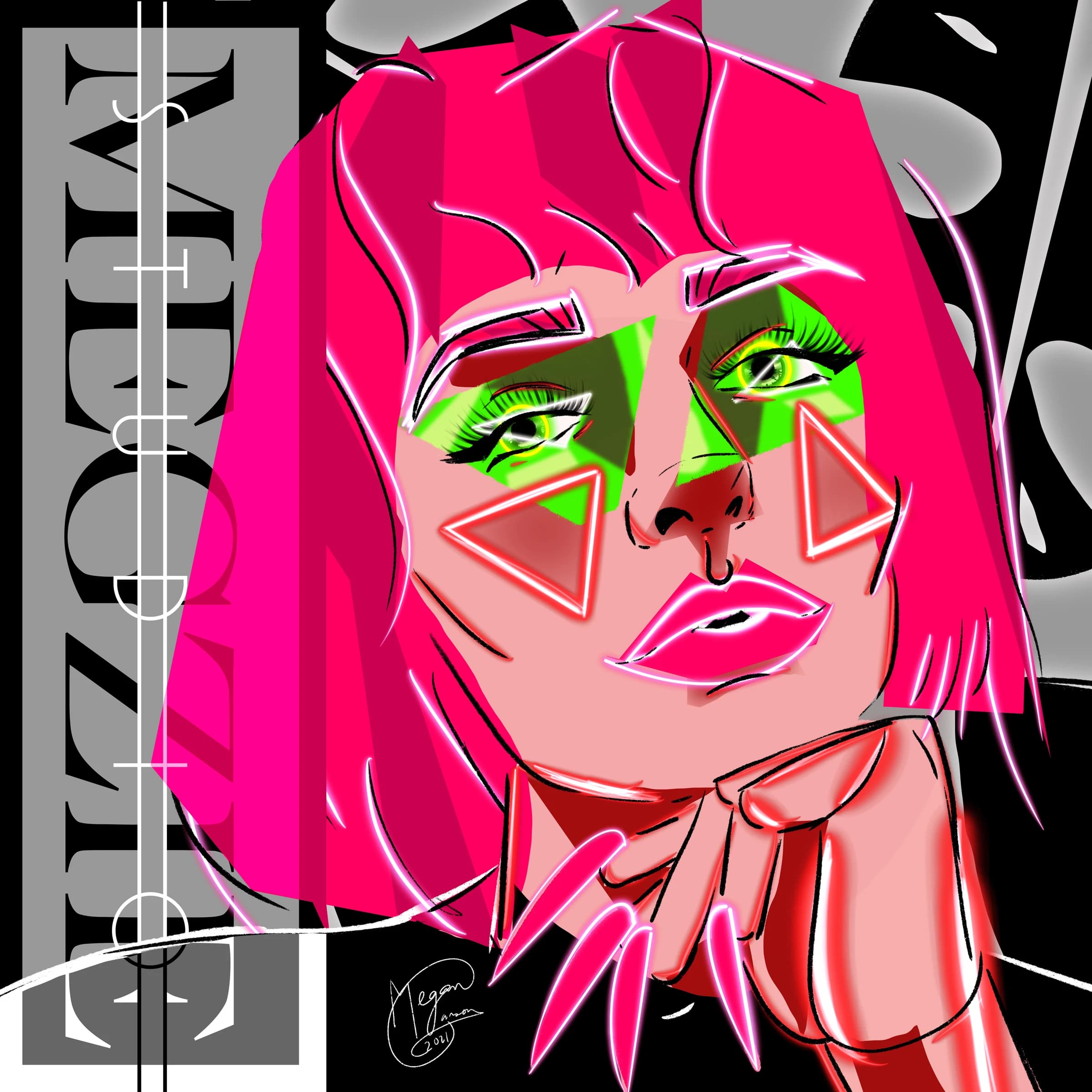 Colorful illustrated portrait with flowers and the word Megzie
