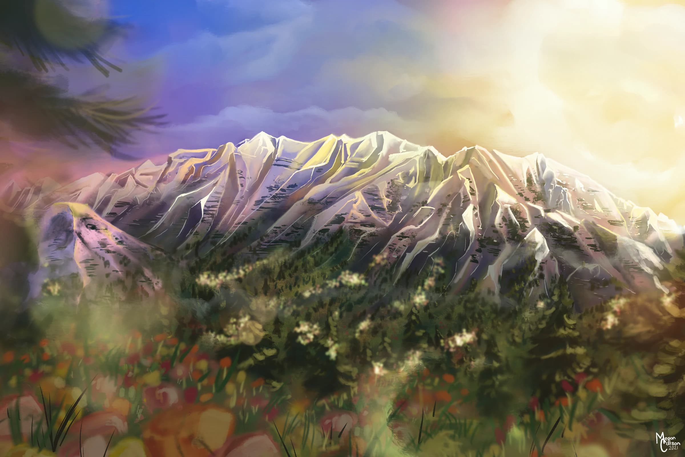 Colorful spring landscape illustration of Mount Timpanogos
