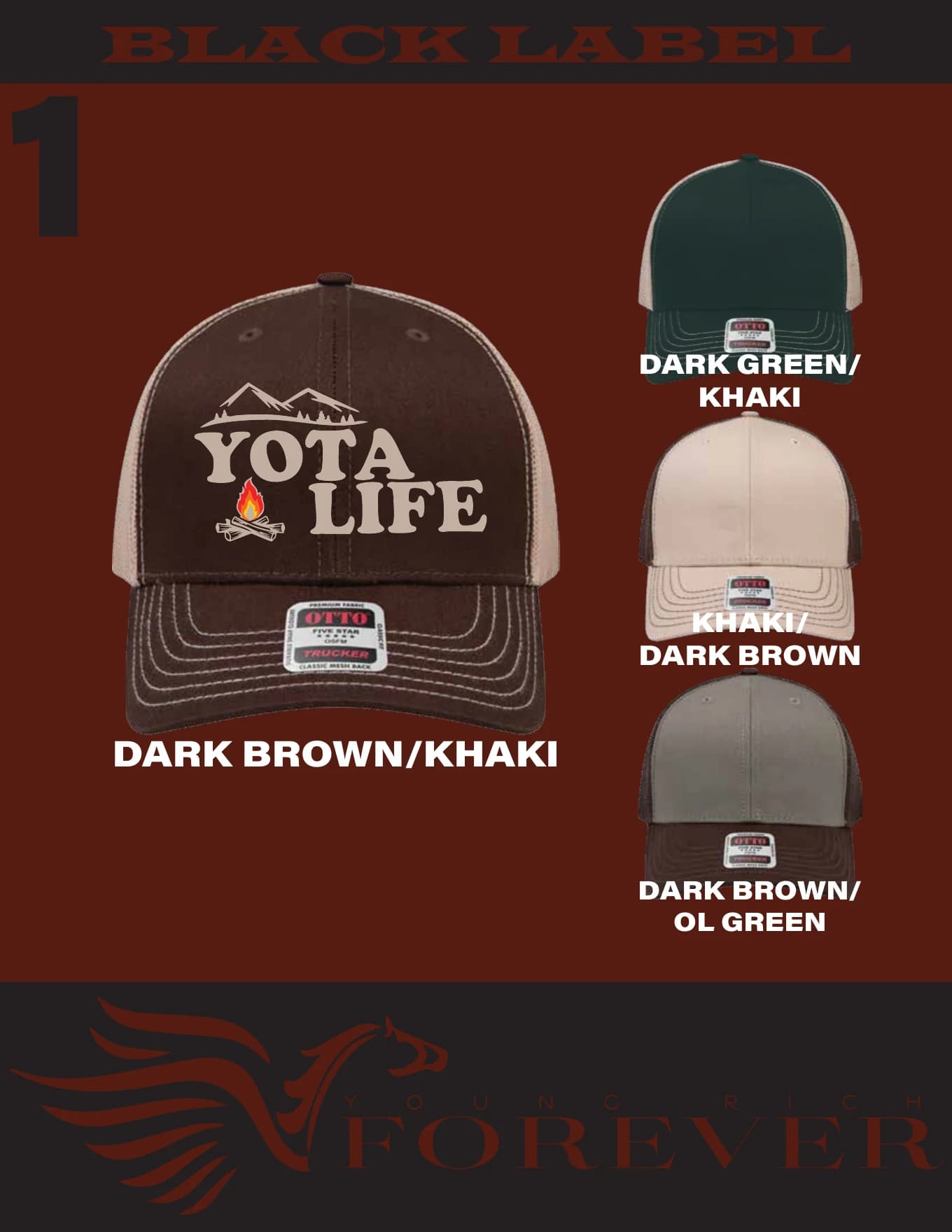 Yota Life trucker hat concepts presented on an oxblood layout