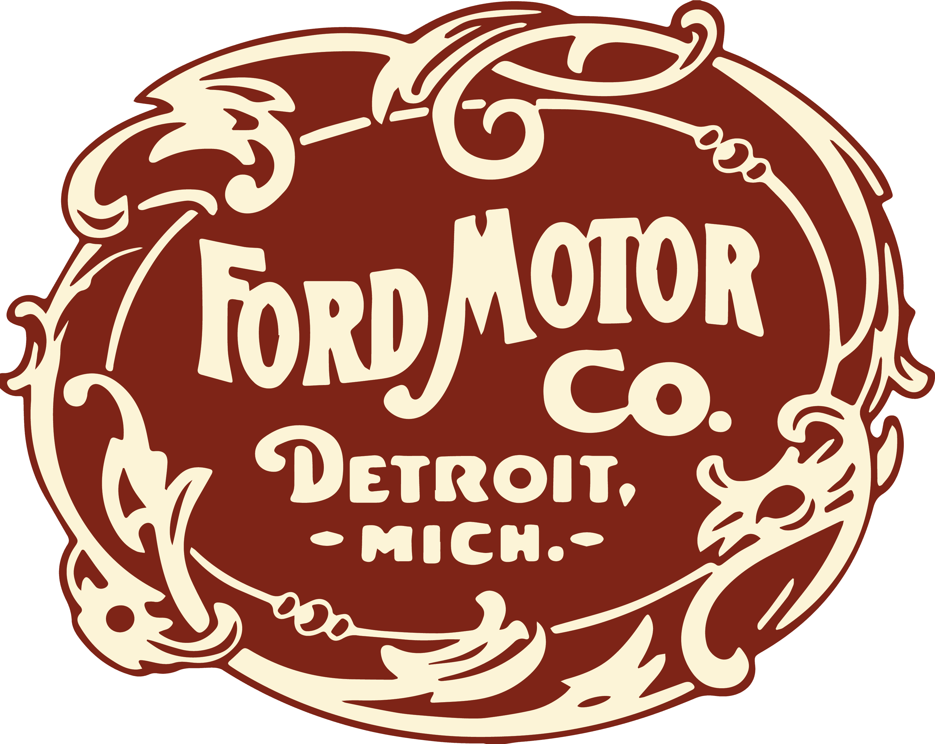 Vintage Ford Motor Co. lettering surrounded by a curling ornamental border