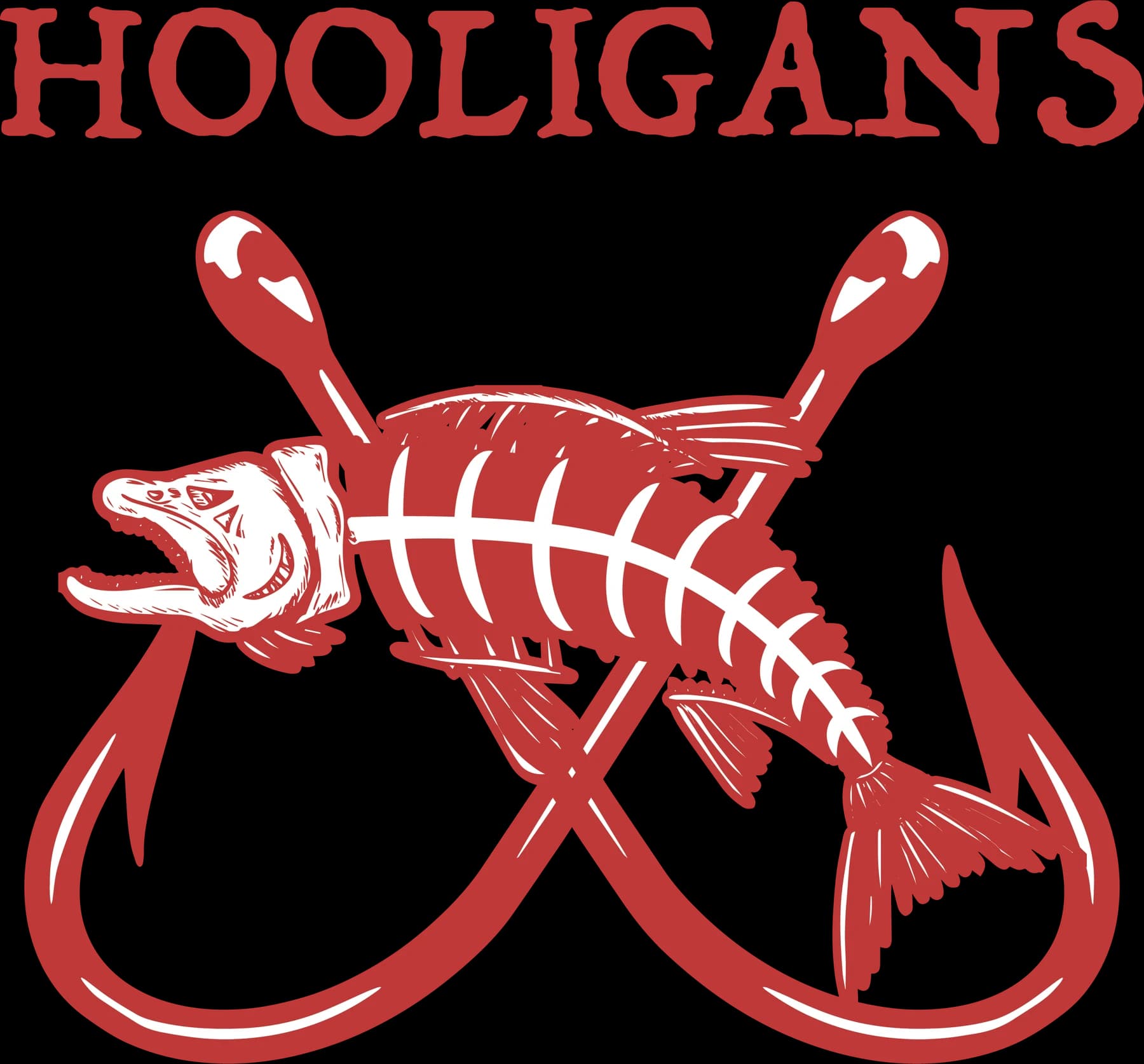 Red Hooligans lettering over a fish skeleton and crossed hooks