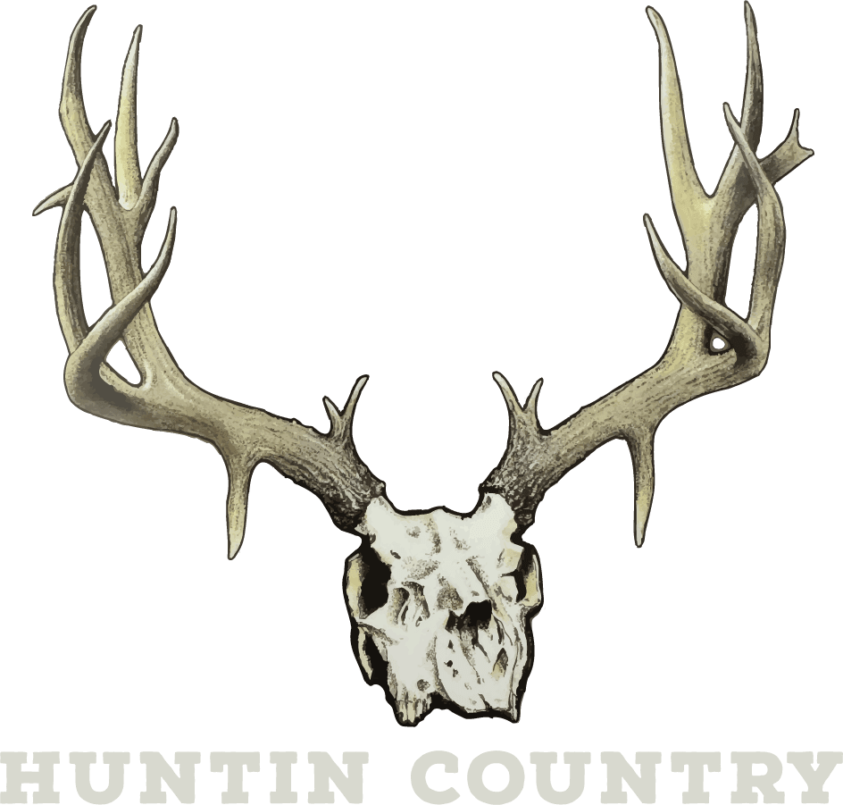 Detailed deer skull and antlers above Huntin Country lettering