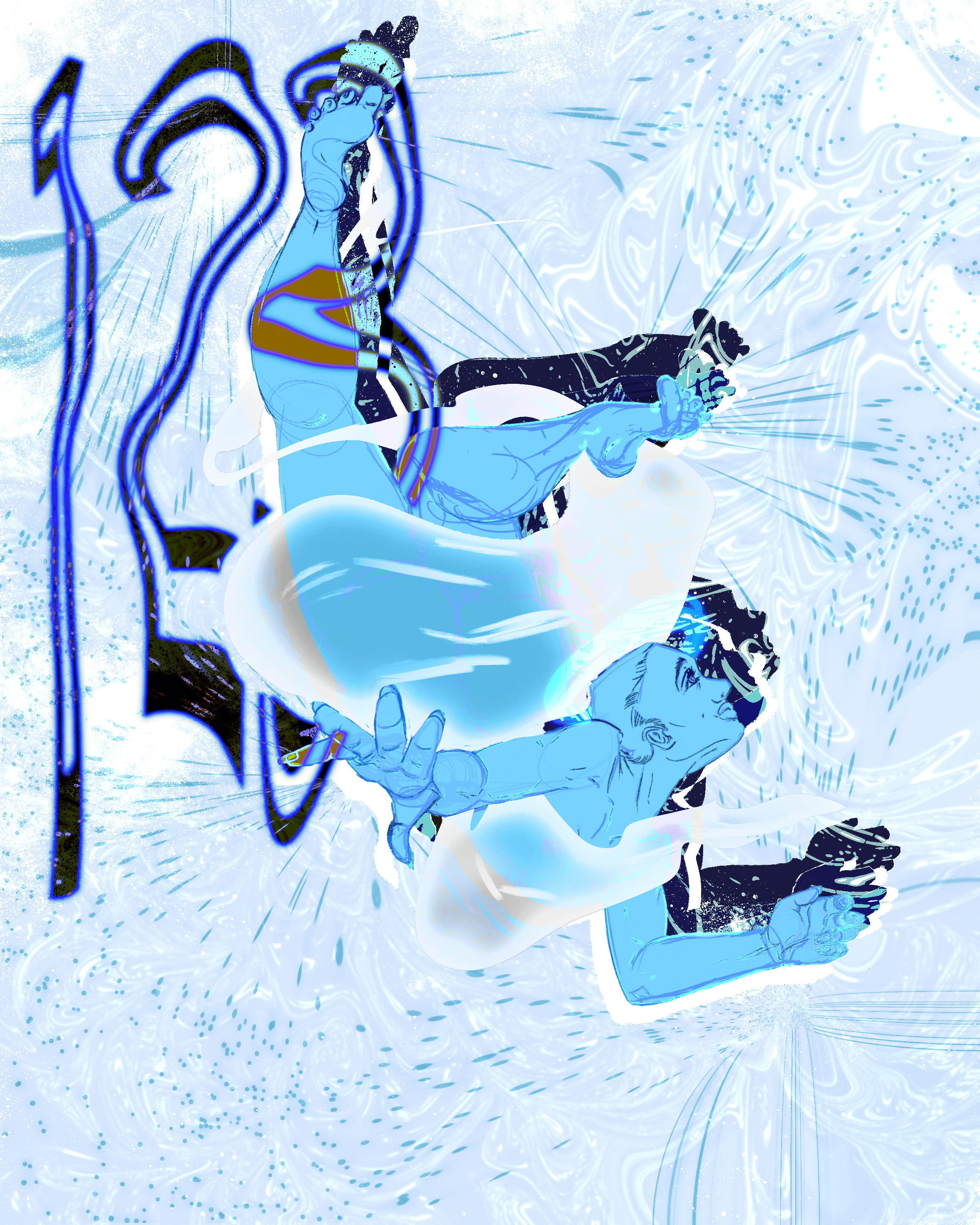 Foreshortened falling figure surrounded by icy blue digital distortion